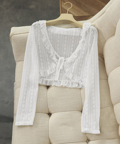 レースボレロカーディガン シアートップス レディース 花柄フリルカーディガン フェミニン 日焼け防止 冷房対策 フロントリボンサマーカーディガン ショート丈春夏服 84WANJIA-017